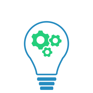 blue lightbulb with three green gears in the center