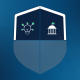 a shield with a light bulb and government building icon in it