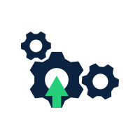 three dark blue gears and a green upwards pointing arrow