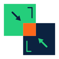 green and blue squares with an orange square in the center and arrows pointing to the center