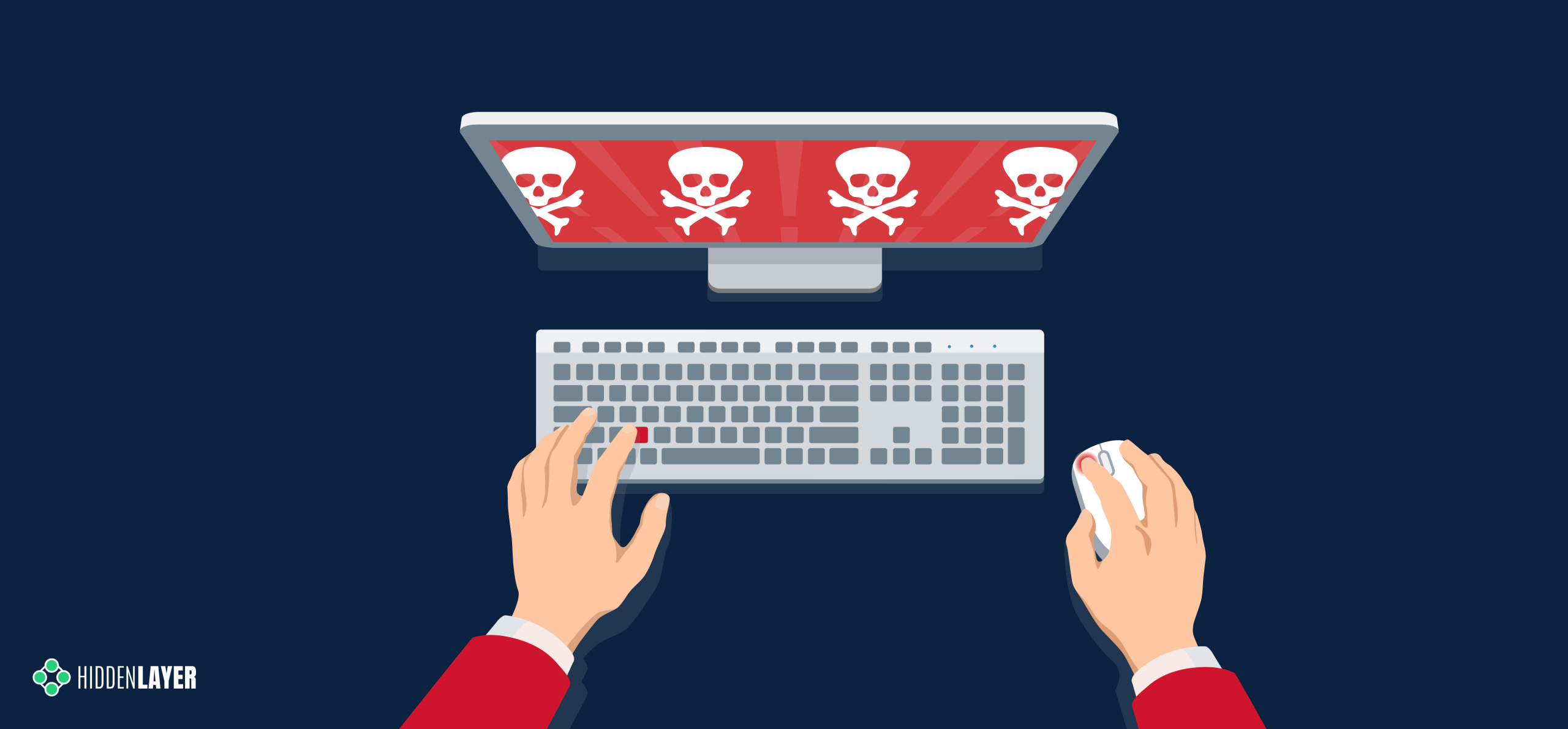 person using a computer with a virus skull and cross bones on the screen